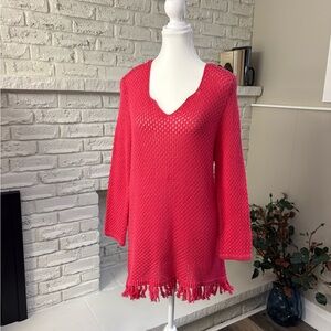Tribal Coral Open Knit V-Neck Sweater with Fringed Hem. Size XL